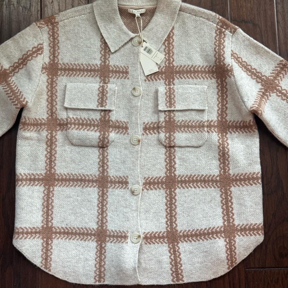 NWT Z Supply Tyler Plaid Button-Up Sweater Jacket - Cream and Brown